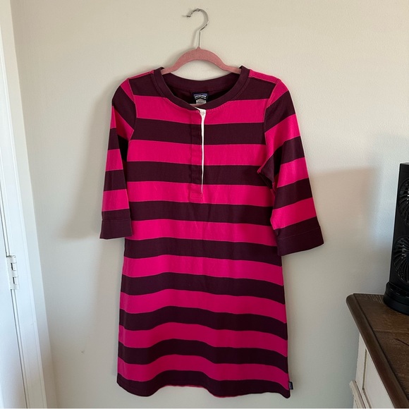Patagonia 3/4 Sleeve Slender Stripe Dress Fuchsia Striped Dress - Picture 1 of 6